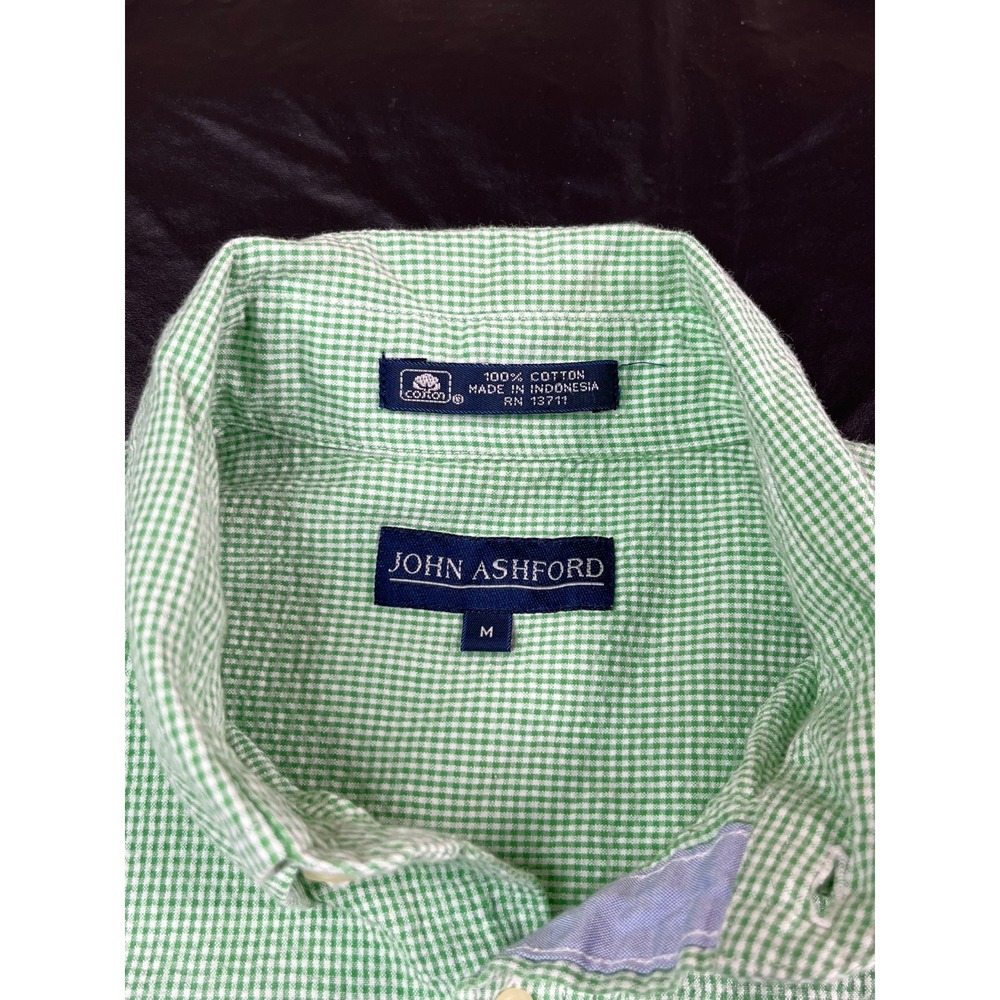 VTG John Ashford Mens M Shirt Green Check Seersucker 100% Cotton Button‎ Down SS - Picture 3 of 8
